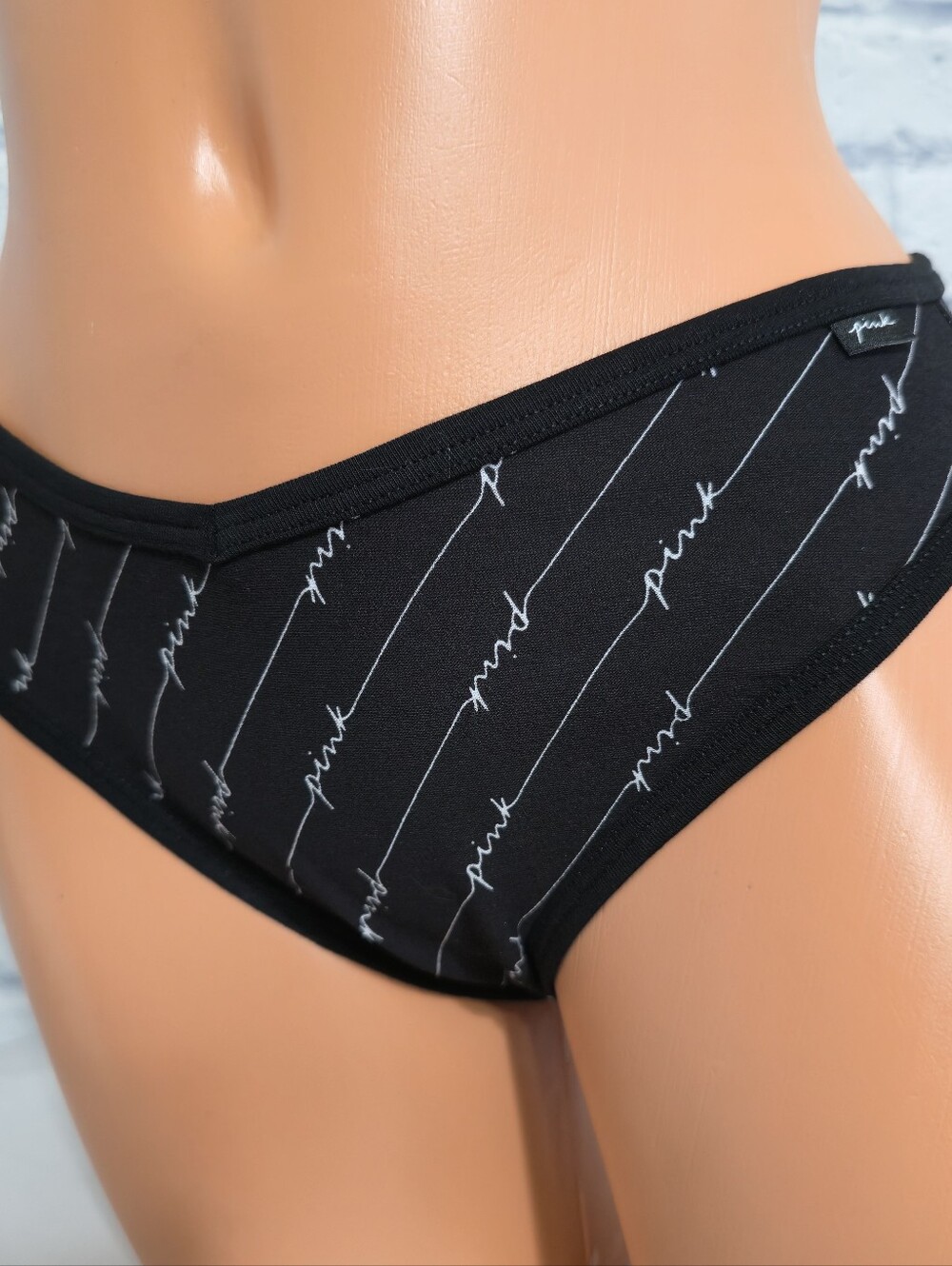 PINK Victoria's Secret Black Bikini Panty White Logo Script Writing Large New